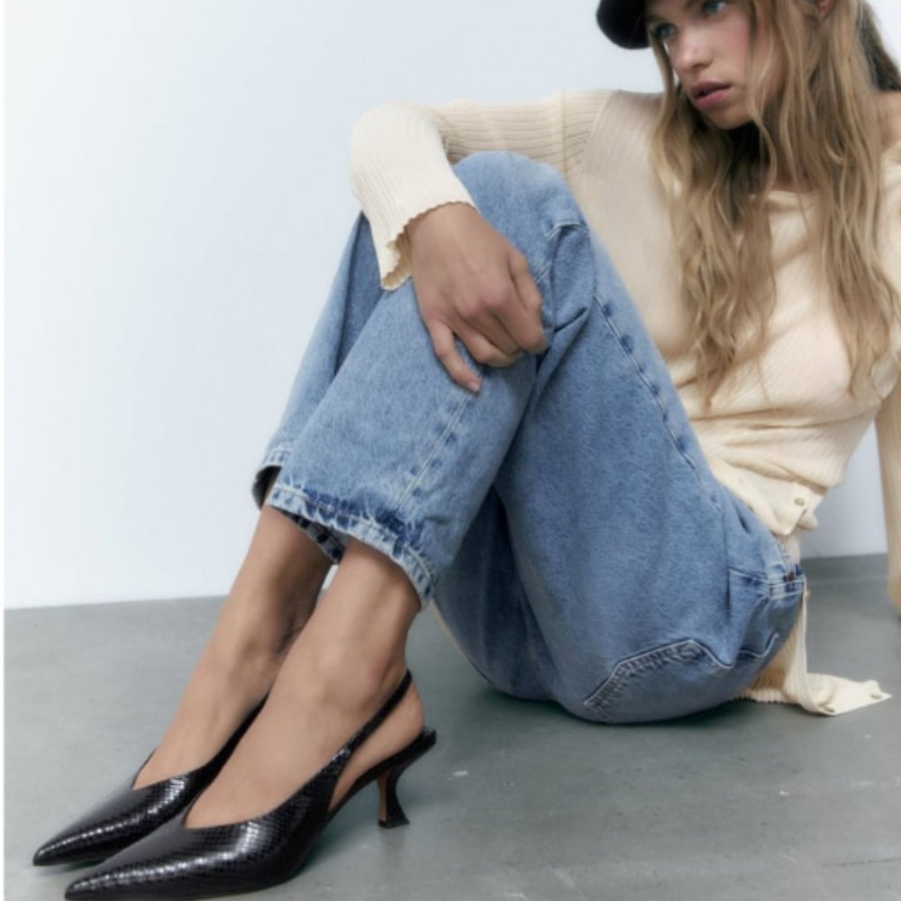 Zara 100% Leather Animal Textured Slingback Shoes
